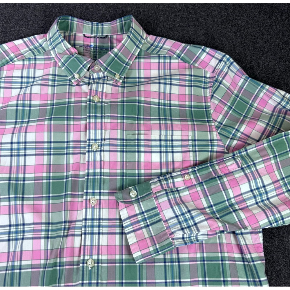 Vineyard Vines OTG Performance Pink Spring Plaid Brrr Button Up Shirt Men's XL